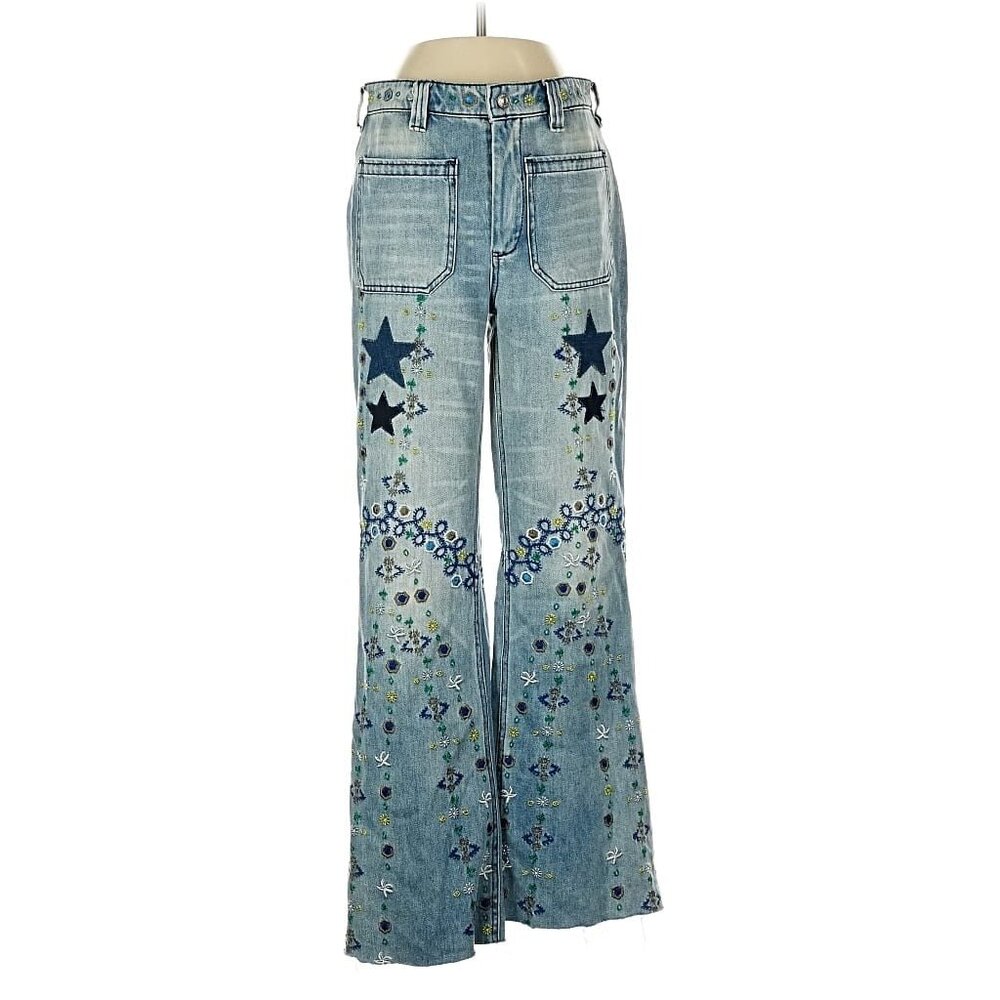 Free People Embroidered Denim Star & Floral Flared Leg High Rise Jeans | Boho 25 - Picture 2 of 16